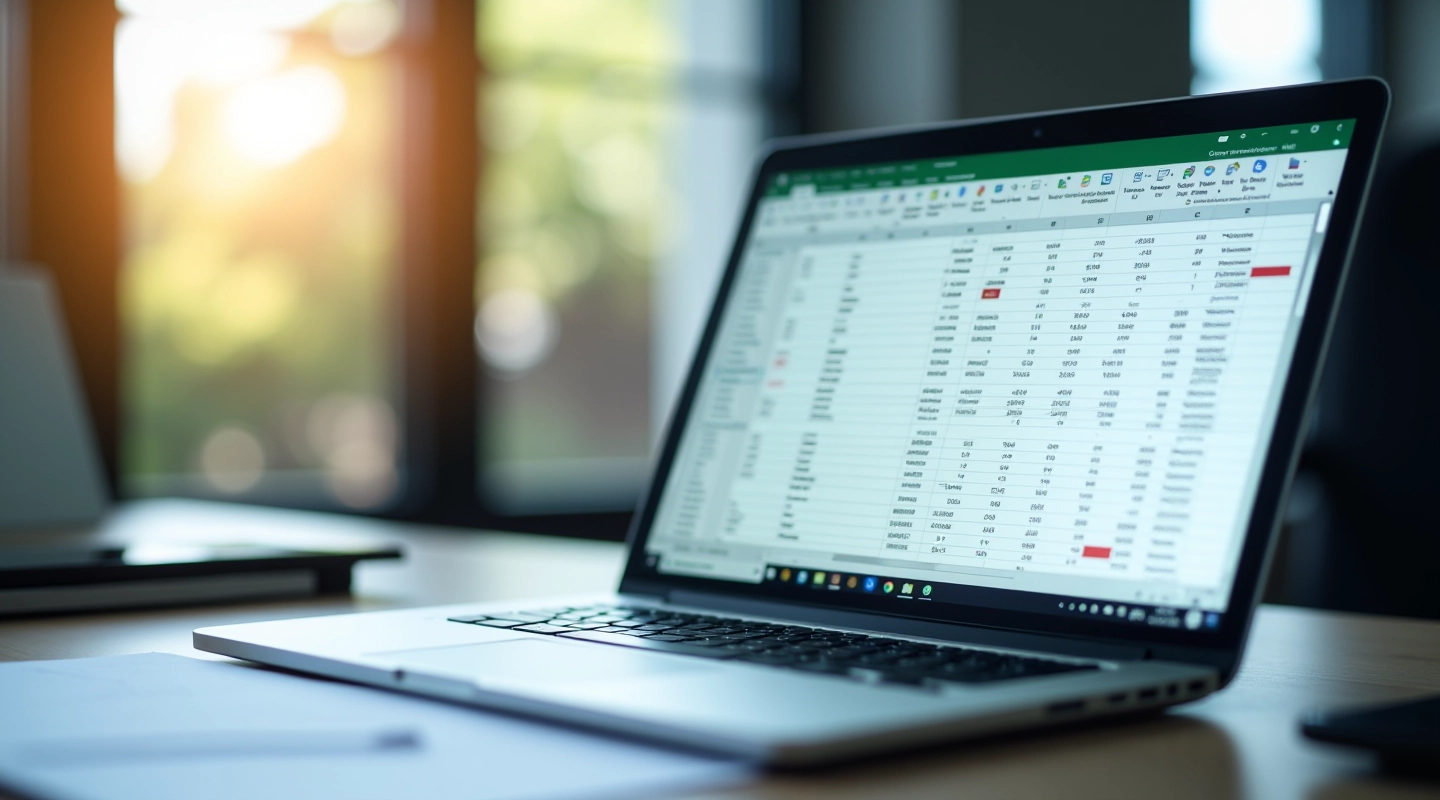 Laptop displaying Excel spreadsheet with DCF model calculations and financial data on wooden office desk