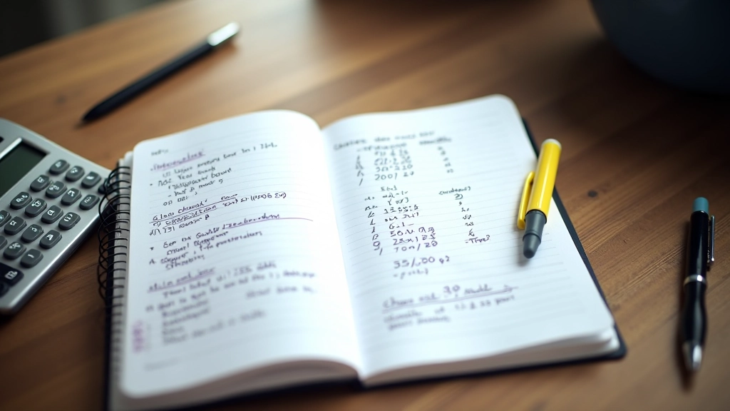Open notebook with handwritten financial notes and calculations next to pen and calculator on desk